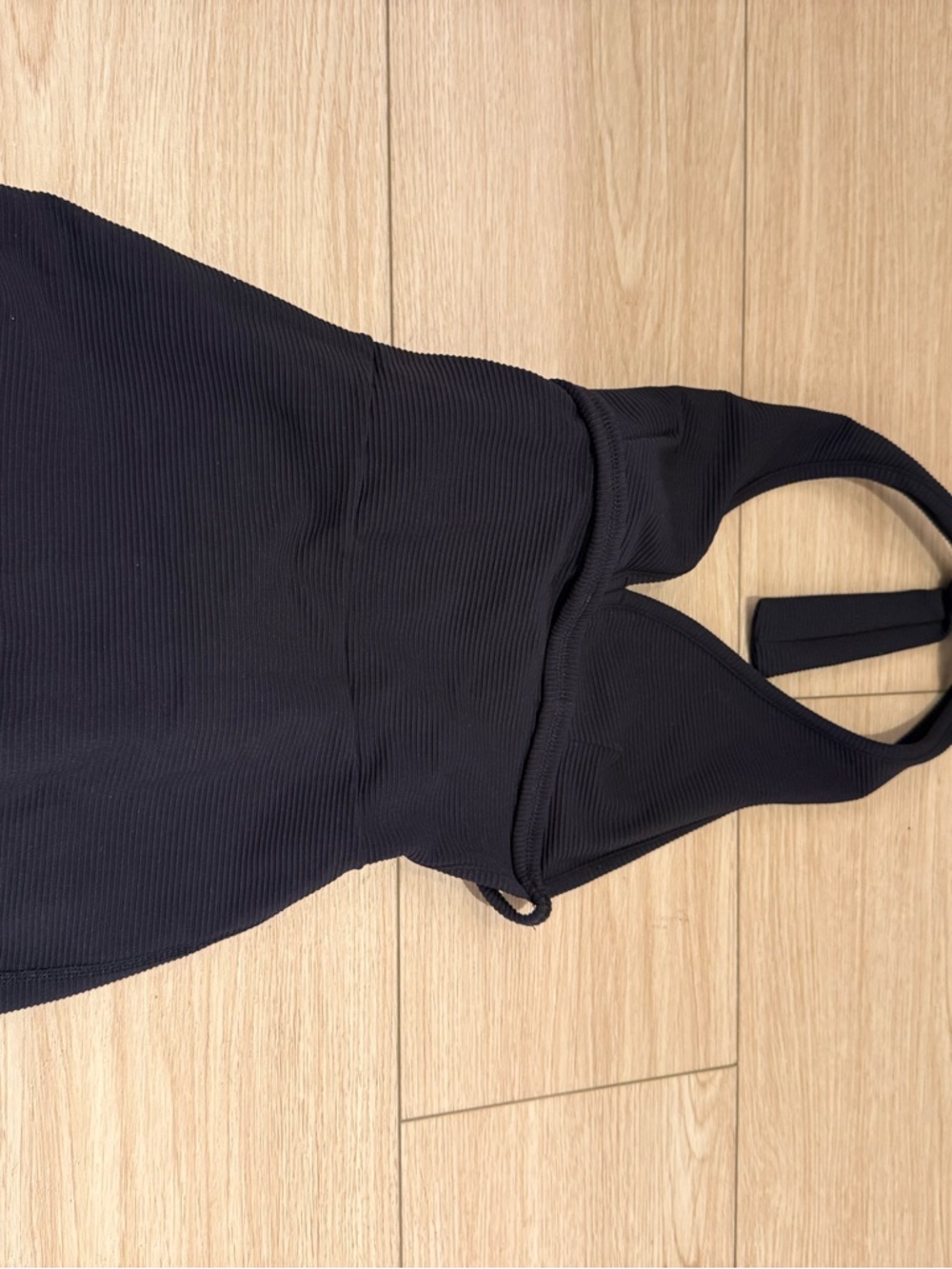 Tahiri Black Ribbed Jumpsuit Halter tie workout gym romper